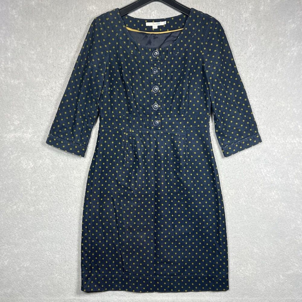 Boden Corduroy Dress Size 6 L Navy Chartreuse Polka Dot Pattern 3/4 Sleeve Lined